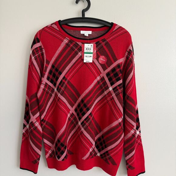 NWT Charter Club Womens Red Plaid Crewneck Sweater Size Large Cozy Retro - Picture 1 of 12